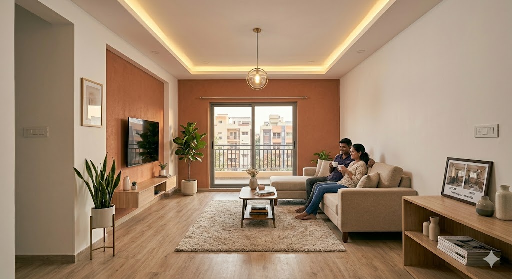 Wide-angle photograph of a recently completed Indian apartment renovation showing a freshly handed-over living room at evening, the homeowner couple sitting on a brand-new beige fabric L-shape sofa admiring the result, the room shows clean white walls with one earthy terracotta accent wall behind a wall-mounted TV, a designer pendant light over a small coffee table, indoor plants in two corners, vinyl plank flooring in light oak finish, a new gypsum false ceiling with cove LED lighting glowing warm, peaceful settled-in mood, magazine-style interior photograph — what a sequenced P1-P5 renovation delivers at ₹ 15-25 L over 4 months