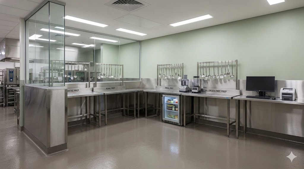 Partitioned diet-kitchen section — diabetic, renal, allergen-free preparation stations with dietician interface