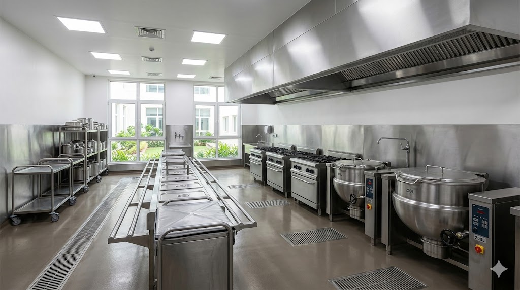 Hospital kitchen cooking zone — gas range tops, tilting kettles, stainless ceiling-mounted exhaust hood, three-meal-a-day operation