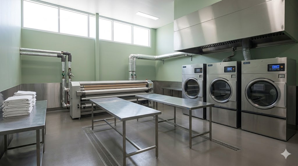 Hospital laundry clean-side processing — industrial tumble dryers, flatwork ironer, folding tables, ceiling exhaust hood
