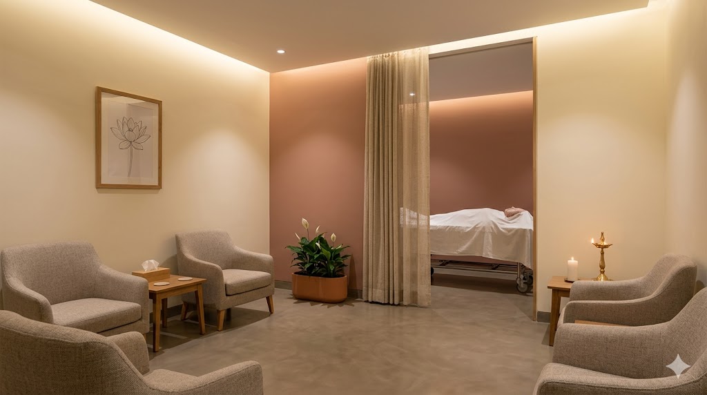 Mortuary family viewing room — soft warm lighting, upholstered armchairs, candles, calm and reverent and explicitly compassionate