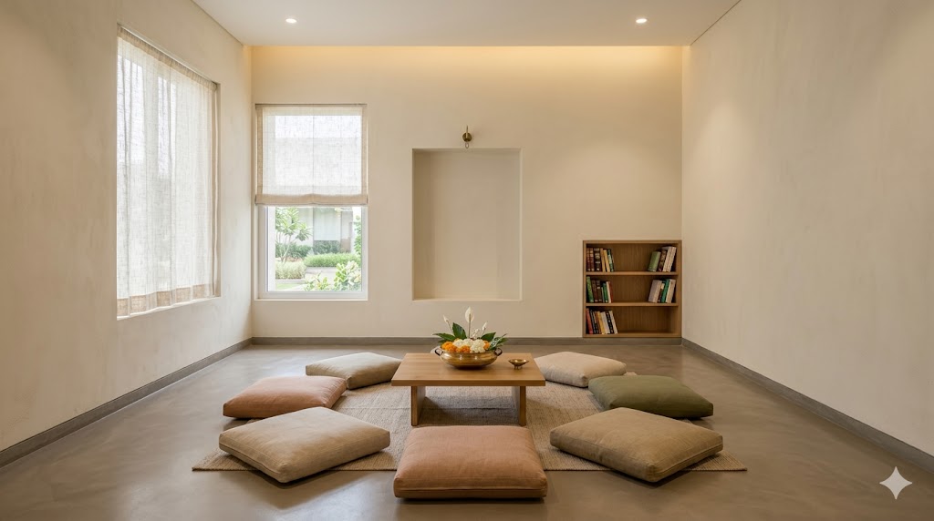 Multi-faith prayer room — deliberately neutral finishes, low cushioned seating, respectful of all traditions