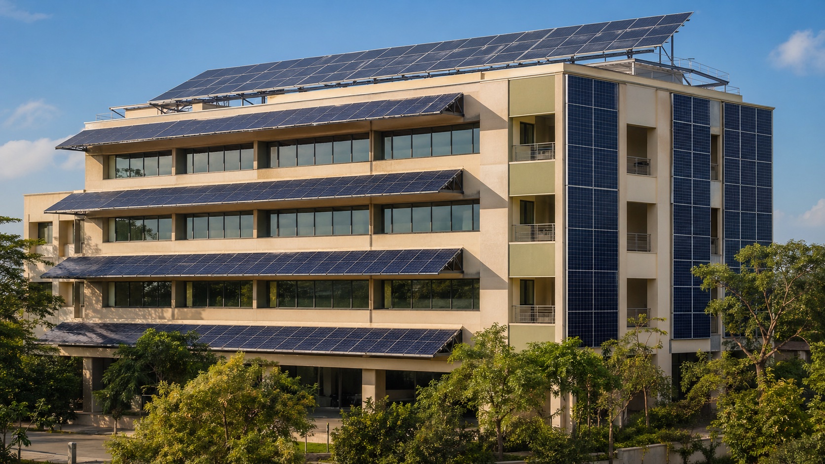 BIPV-integrated hospital façade — horizontal PV-clad sunshades projecting from each floor, rooftop array, vertical PV on east face