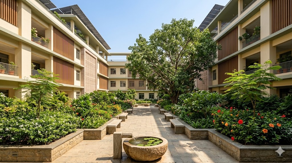 Internal courtyard garden in a contemporary Indian hospital — peepal-shaded path, water feature, healing landscape, daylight and stack ventilation