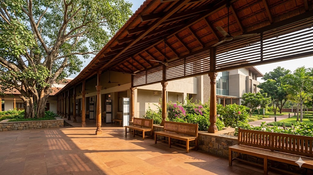 Deep shaded verandah on hospital OPD façade — Mangalore tile sloped roof on carved teak columns, polished sandstone floor, climate-and-culture tradition