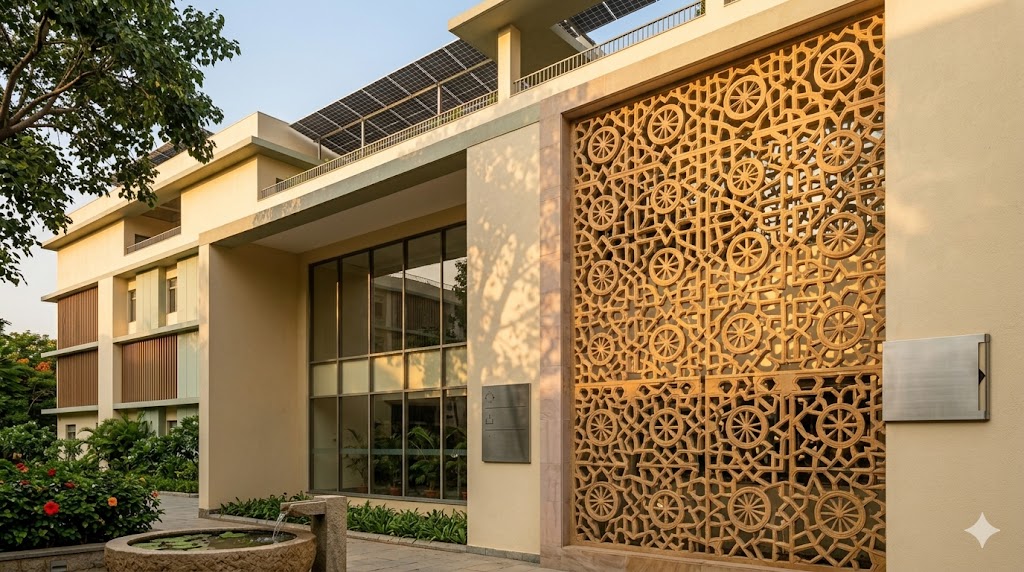 Traditional jaali screen on a contemporary hospital façade — carved sandstone with geometric pattern, dappled shadow play