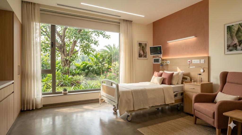Daylit patient room with view of tropical garden from bed — sill at 750 mm, sheer curtain for glare control, evidence-based recovery design