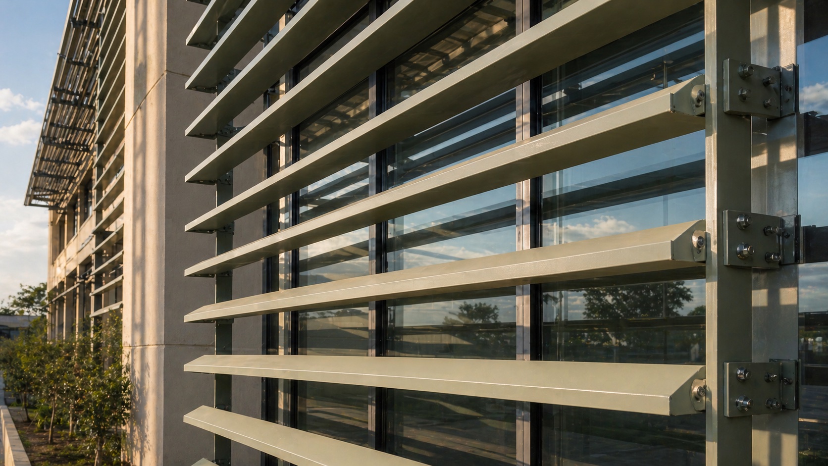 Brise-soleil louvre detail — horizontal aluminium fins in warm sage, 600 mm projection, linear shadow play on glazing behind