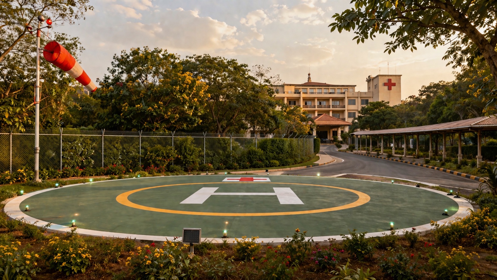 Ground-level hospital helipad — yellow touchdown pad with H letter and red cross, perimeter security fencing, ambulance road to hospital ED visible in background
