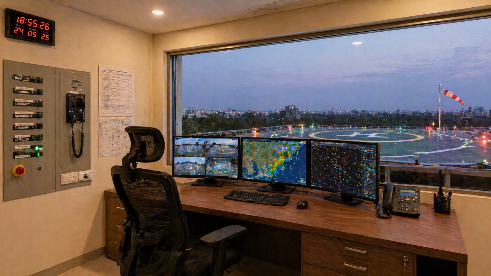 Hospital helipad operations control room — surveillance monitors, weather radar, intercom for pilot communication
