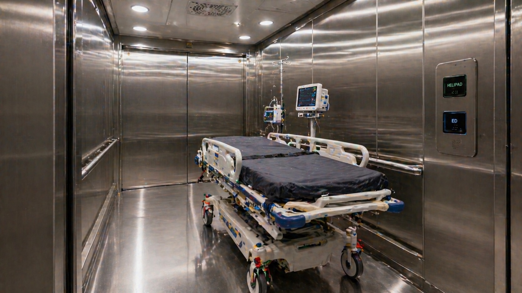 Dedicated helipad-to-ED stretcher lift cabin — 1500 × 2400 mm, stainless-clad, sized for ICU stretcher with monitor and IV pole
