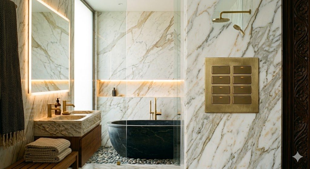 A serene spa-style master bathroom in an Indian home, freestanding stone tub, walk-in rain shower behind frameless glass, backlit mirror over a double vanity, warm niche lighting, documentary interior photograph