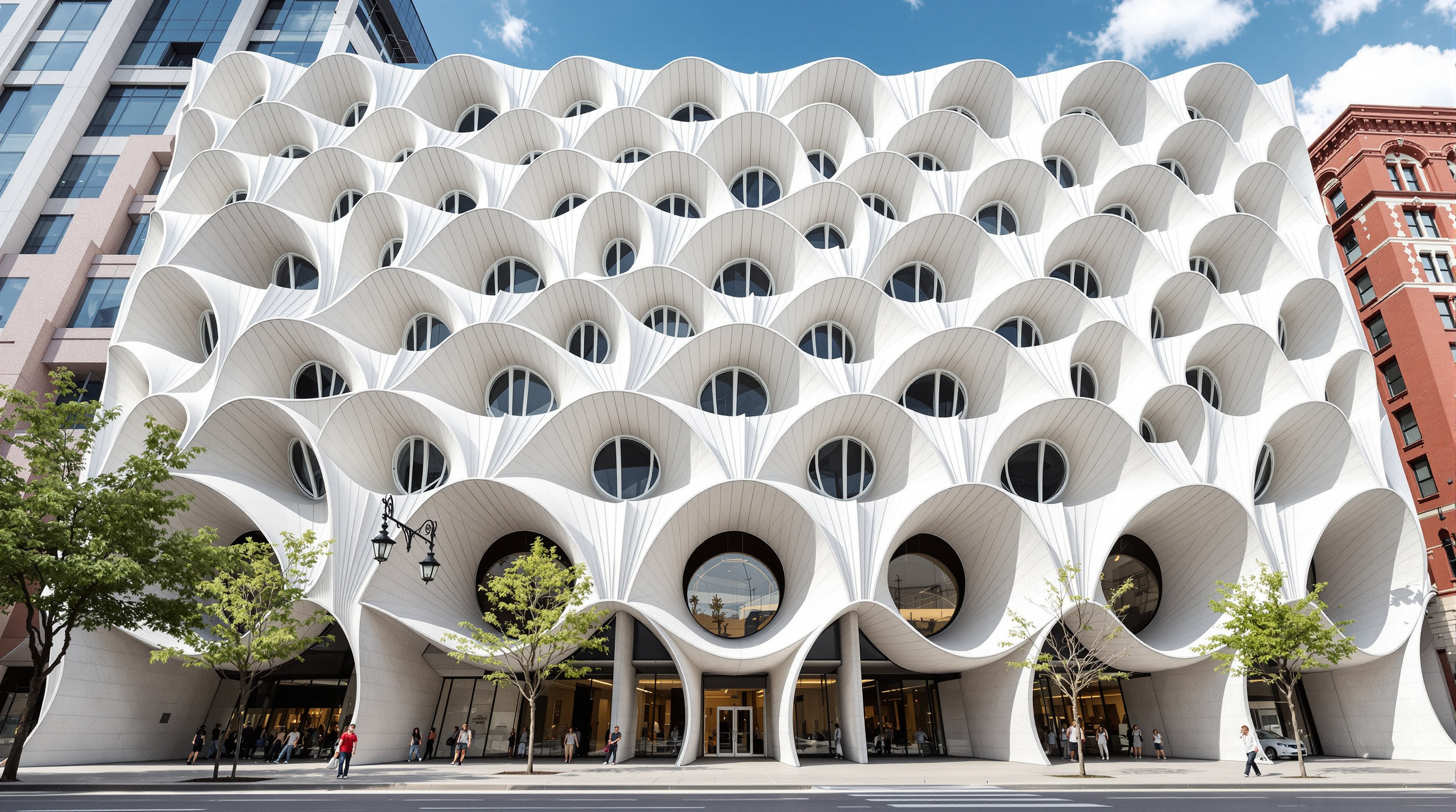 Looking up the full height of the Populus facade from the Denver sidewalk, the white curving glass-fibre-reinforced-concrete scallops rising thirteen storeys, each eye-shaped window capped by a heavy projecting concrete lid casting a crescent of shadow, the largest ground-floor apertures arching overhead like cave mouths