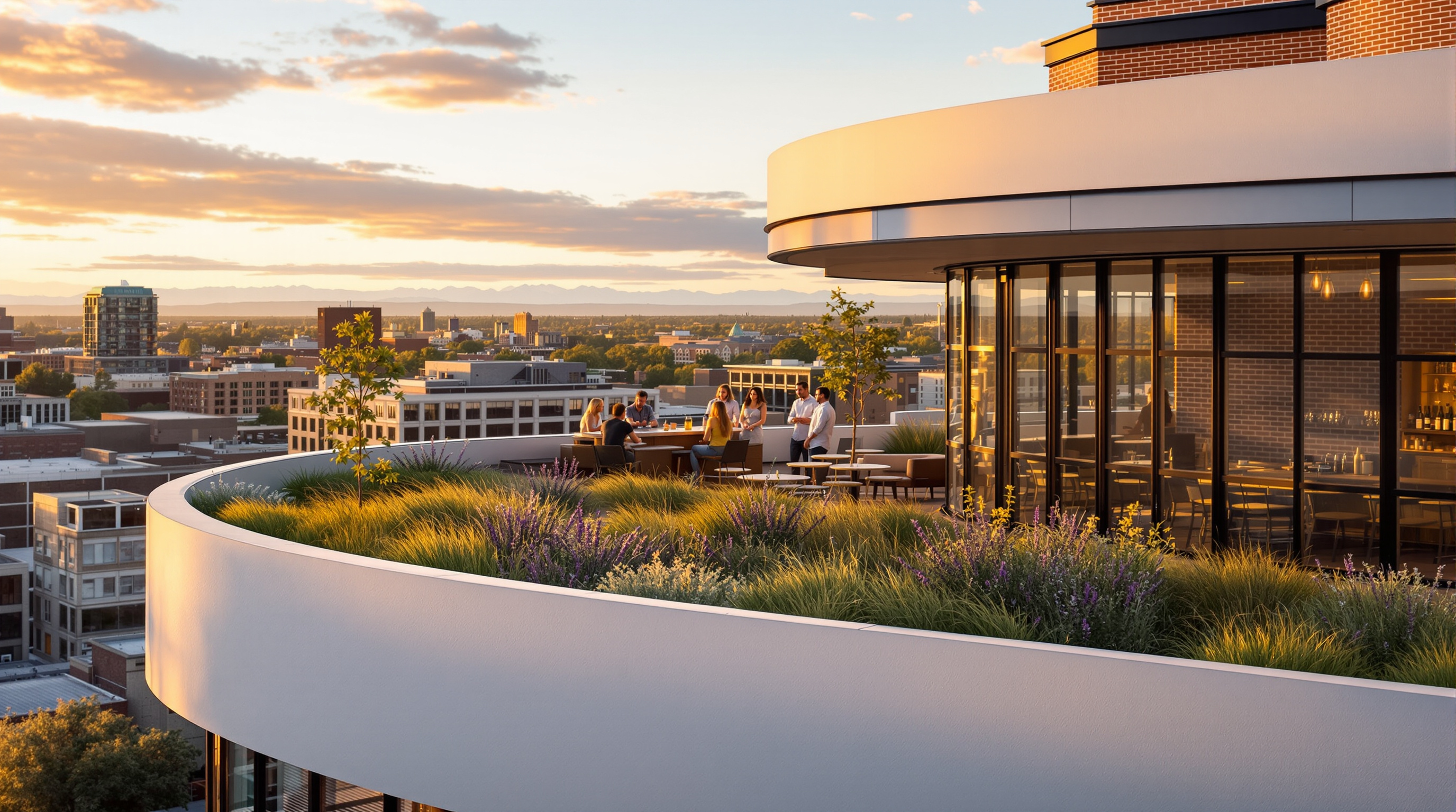 The publicly accessible rooftop terrace of Populus at golden hour, native Colorado grasses and wildflowers planted across the green roof, guests at a small bar looking out over Denver's Civic Center and the Rocky Mountains, the curving parapet edged by the topmost aspen-eye windows