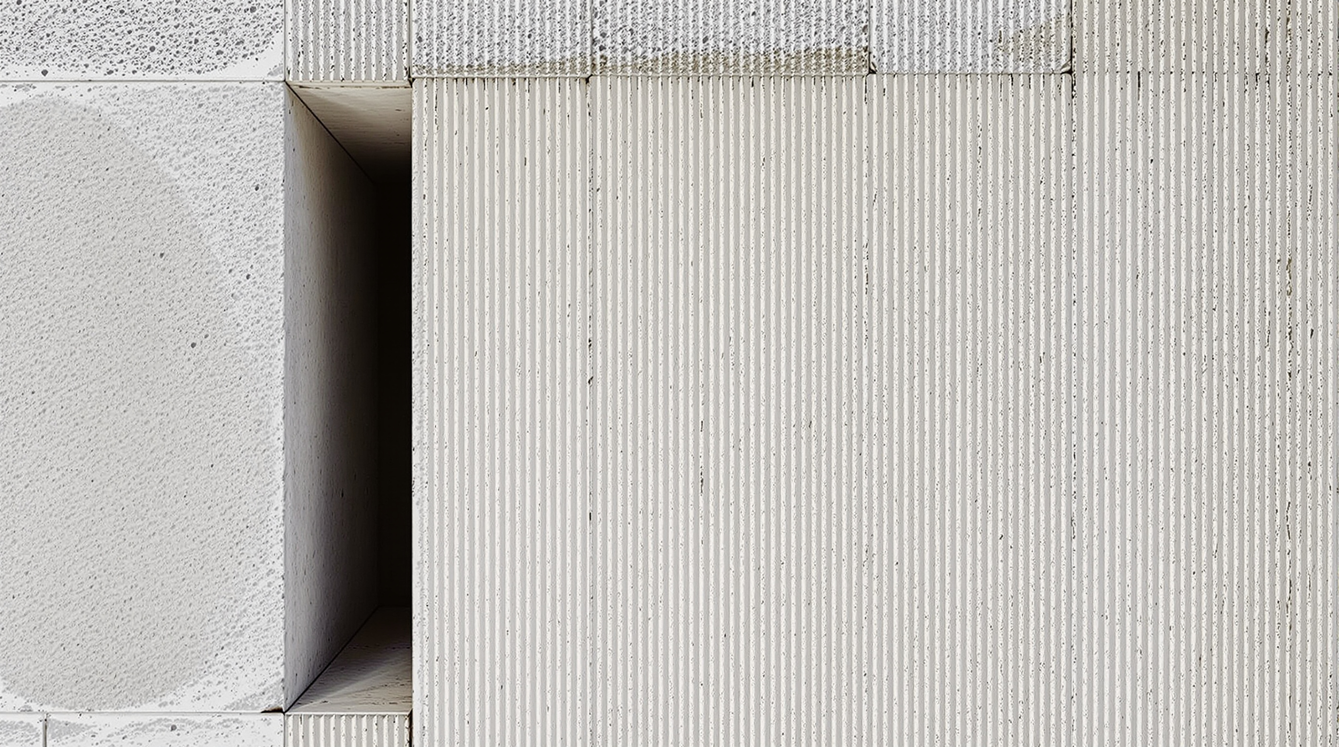 Detail of the House for Trees exterior wall: raw in-situ concrete carrying the fine ribbed grain of the bamboo formwork it was cast against, meeting an internal wall of exposed local brick, with a shadowed ventilation cavity between the two layers