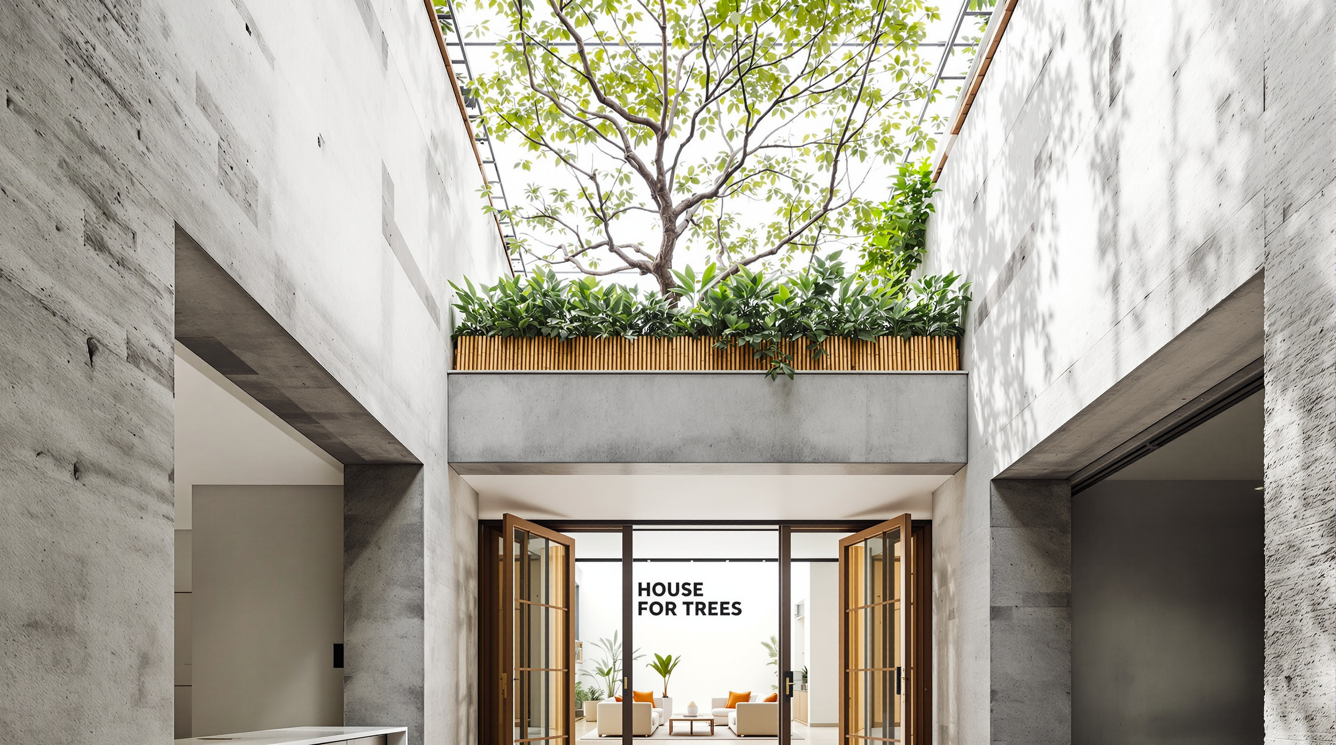 Interior courtyard of the House for Trees looking upward: rough bamboo-textured concrete walls and exposed brick surfaces frame a bright open-air void, with the underside of a planted roof and tree branches visible against a tropical sky, glass doors folded open to the living space