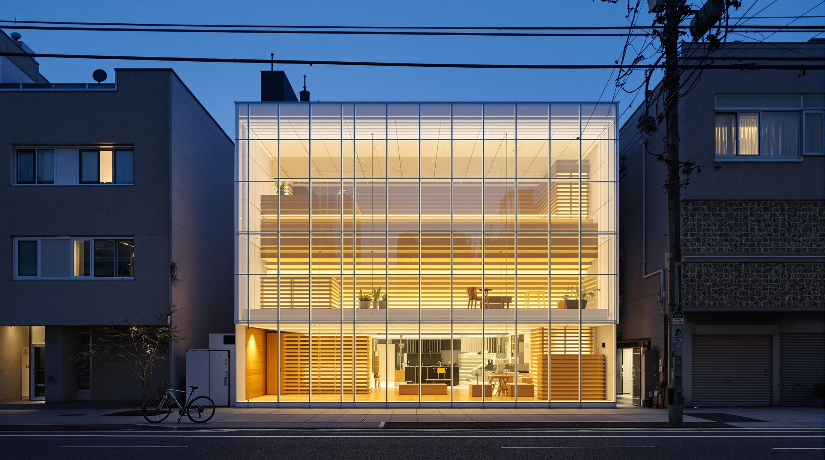 Exterior of House NA seen from across the Koenji street at night, the whole transparent house lit from within like a lantern, its white steel grid and stacked timber plates glowing against the dark, ordinary houses on either side