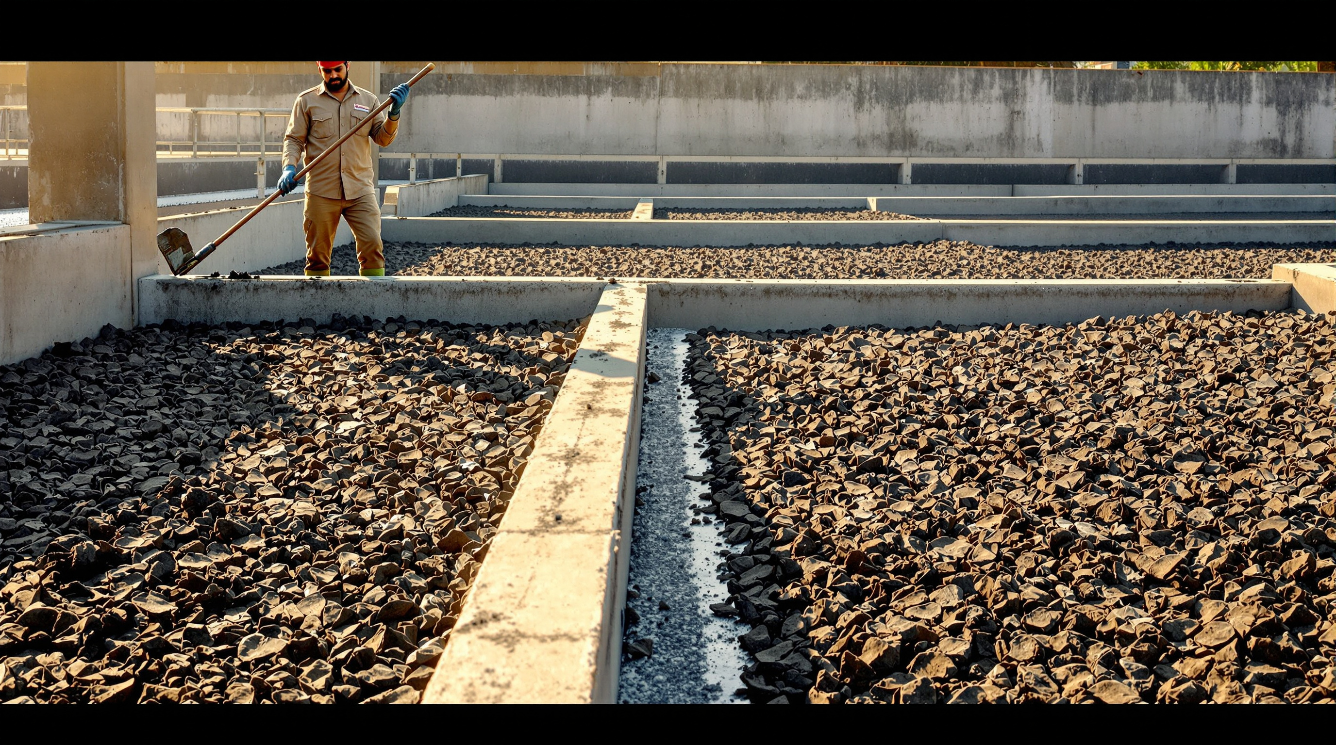 Open sludge drying beds at a sewage treatment plant with cracked cake-like dried sludge, an Indian worker checking the surface