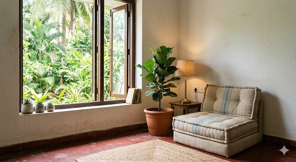 A peaceful biophilic retreat corner with a cushioned low chair, a large potted plant, warm dimmable lamp and a window framing greenery in an Indian apartment