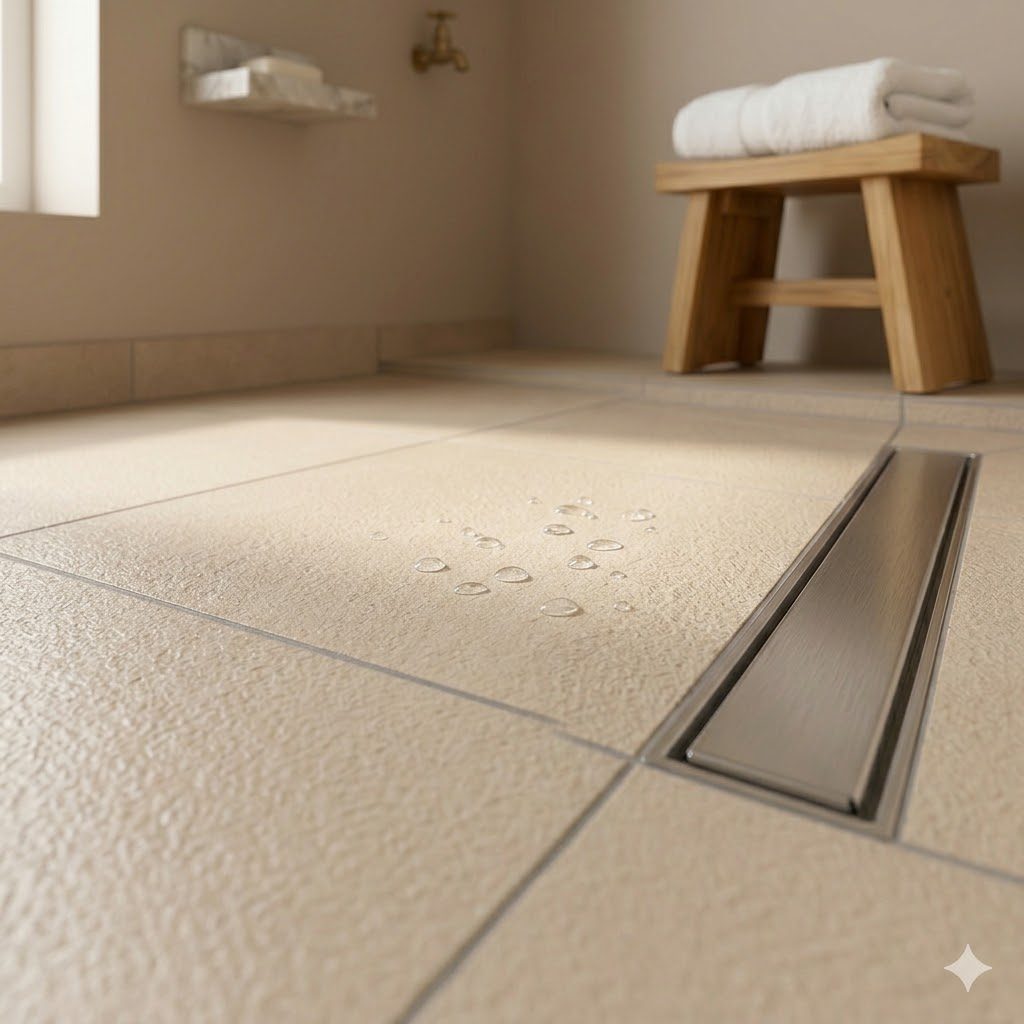 A floor-level close-up of a contemporary Indian bathroom corner in 300 mm anti-skid porcelain tile with a 1:80 fall to a brushed-steel linear drain, water beads sitting on the matte R11 surface proving the slip texture
