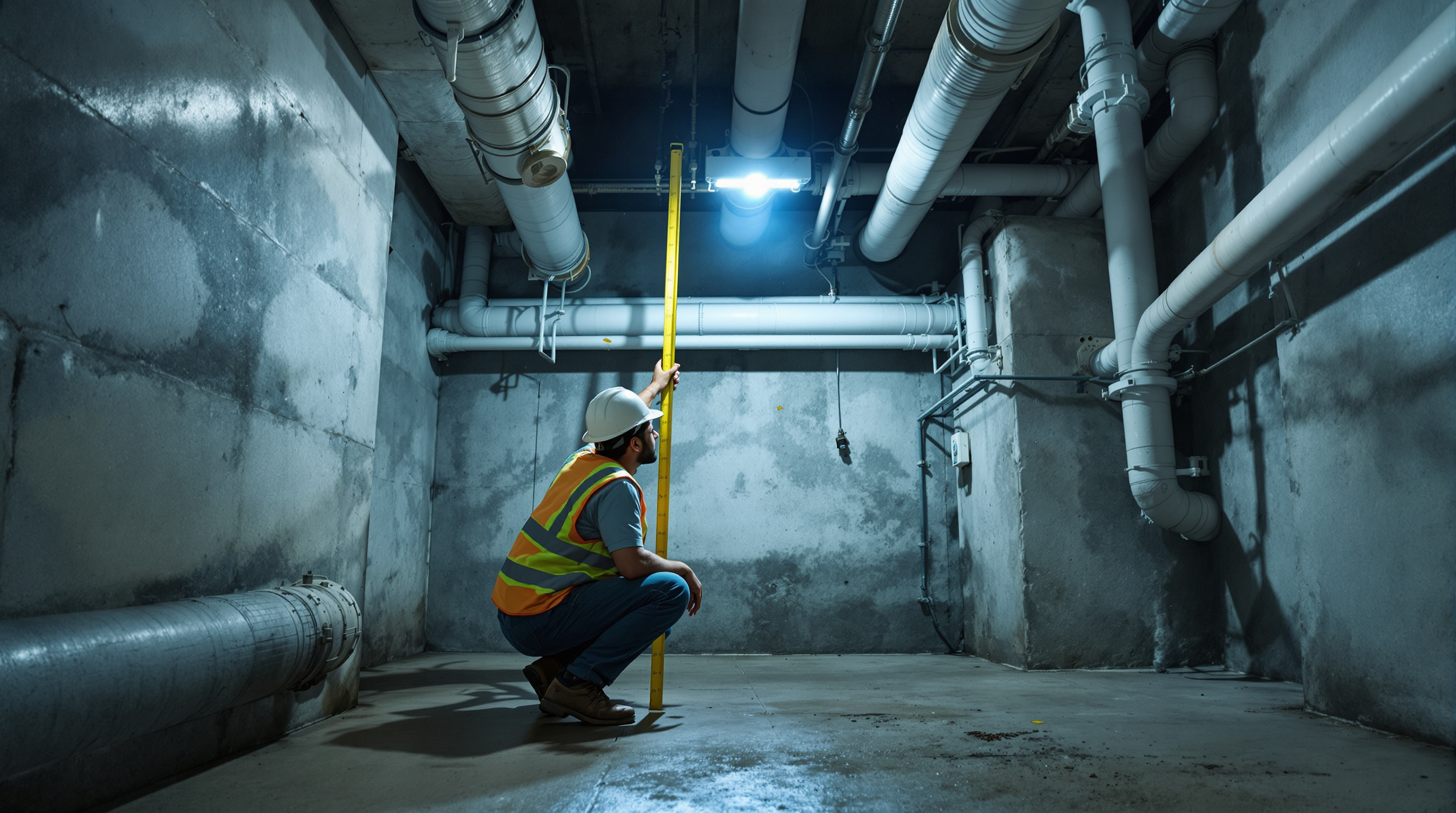 Indian civil engineer crouching in a tight basement plant room, using a measuring tape to check the limited headroom above sewage treatment tanks