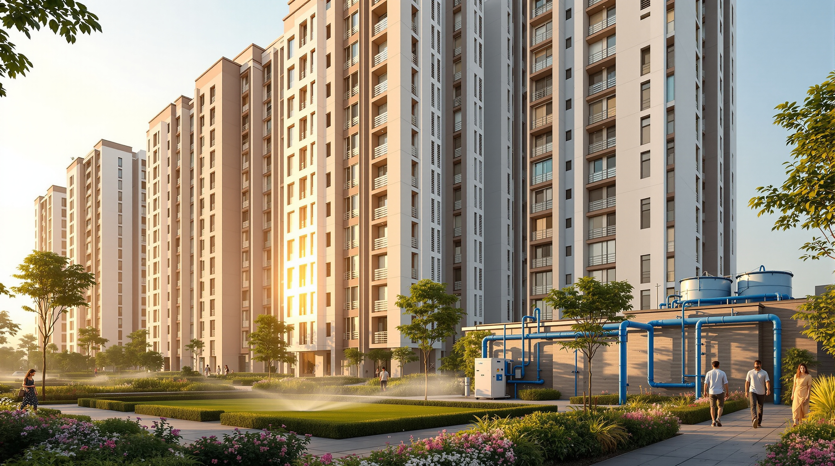 Modern mid-rise Indian apartment complex at golden hour with landscaped gardens fed by treated water and a compact sewage treatment plant to one side