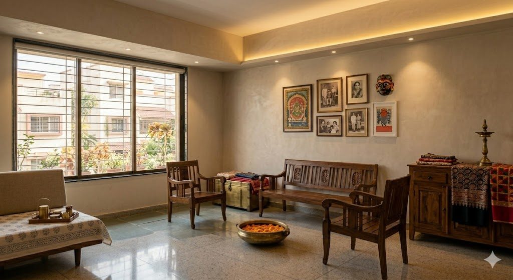 A timeless Indian living room that has aged gracefully — neutral matt walls, honed stone floor, solid teak furniture and brass accents with soft daylight, the personality carried entirely by swappable textiles and art, documentary photograph