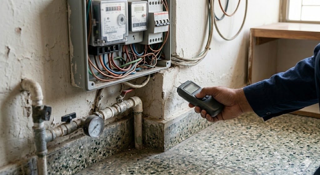 Close inspection of a builder-floor interior during a pre-purchase survey, checking a wall for damp near the electrical meter and plumbing in an Indian low-rise, documentary daylight photograph