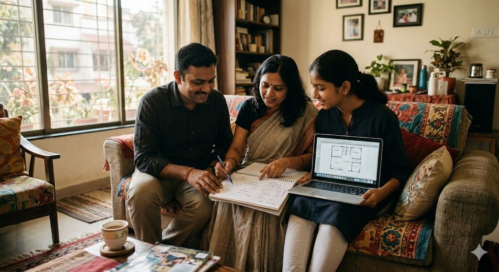 An Indian family of three sitting together on a living-room sofa with a notebook and laptop, discussing how they use each room of their future home, warm natural daylight, documentary photo