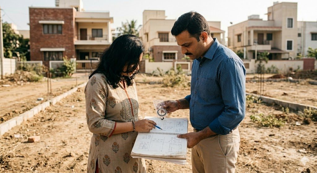 An Indian architect and homeowner standing on an empty residential plot during a site visit, looking at a survey sketch, with neighbouring houses and a compass orientation visible, documentary photo