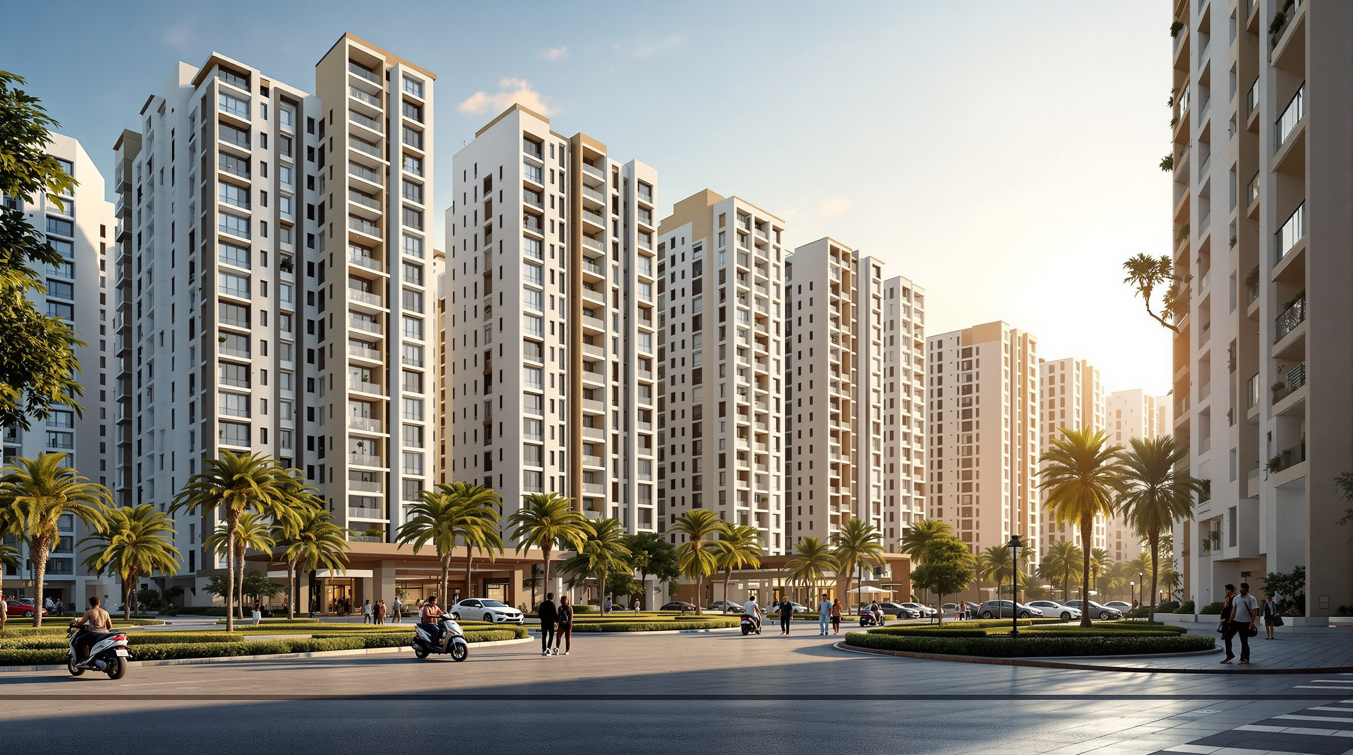A large modern Indian residential apartment complex with many identical flats and balconies, seen from the street on a bright morning