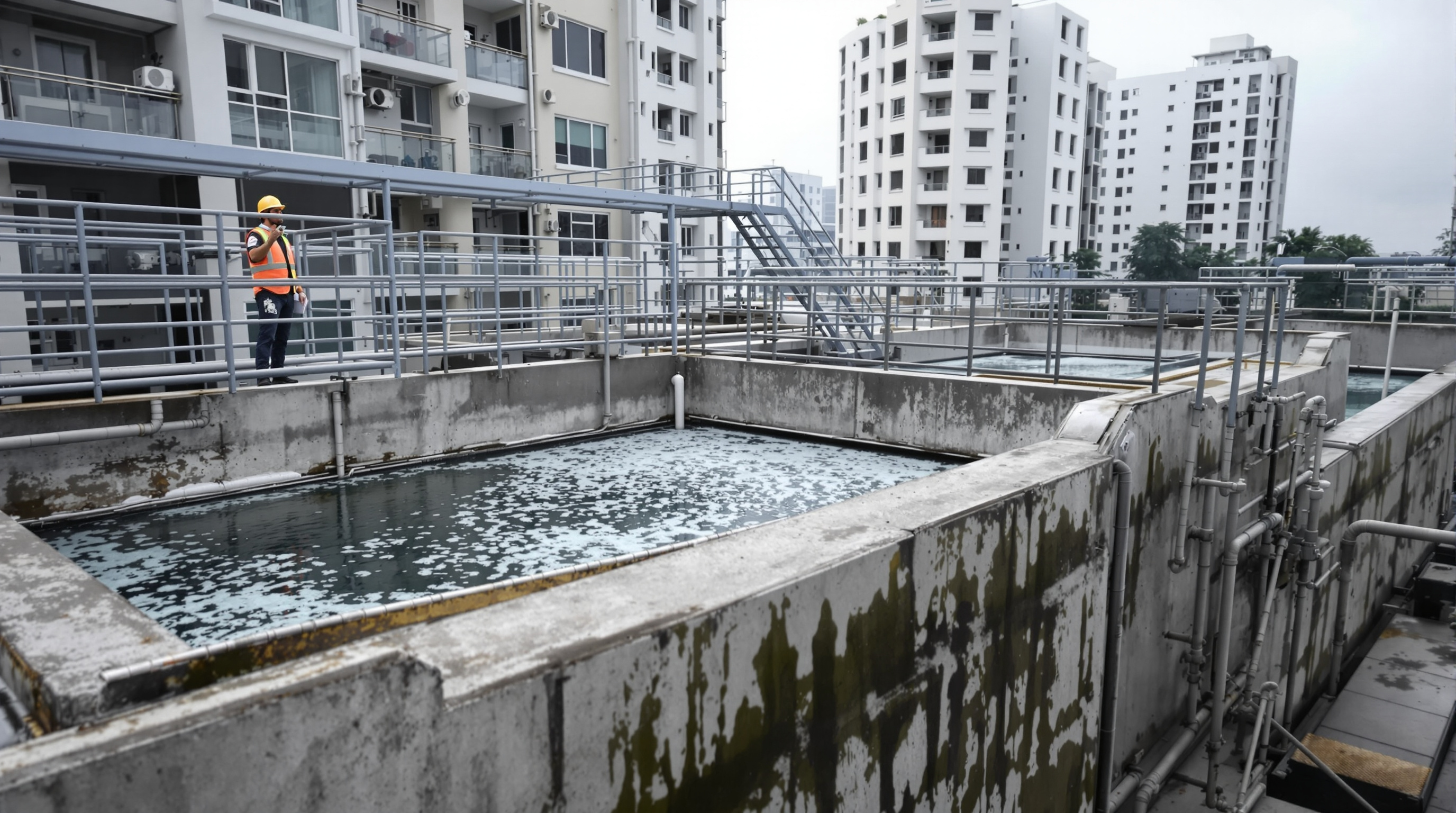 Rectangular concrete aeration and clarifier tanks of a compact sewage treatment plant with an Indian technician inspecting the walkway