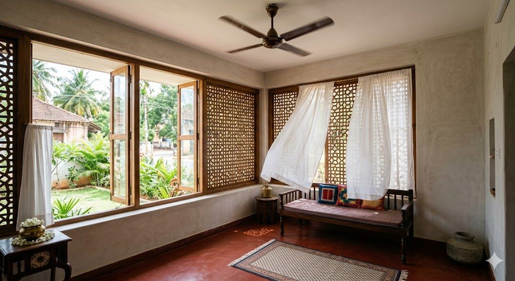 An open, well-ventilated Indian home interior with large openable windows, a jaali screen, sheer curtains lifting in the breeze and a ceiling fan turning, fresh and uncluttered, documentary photograph