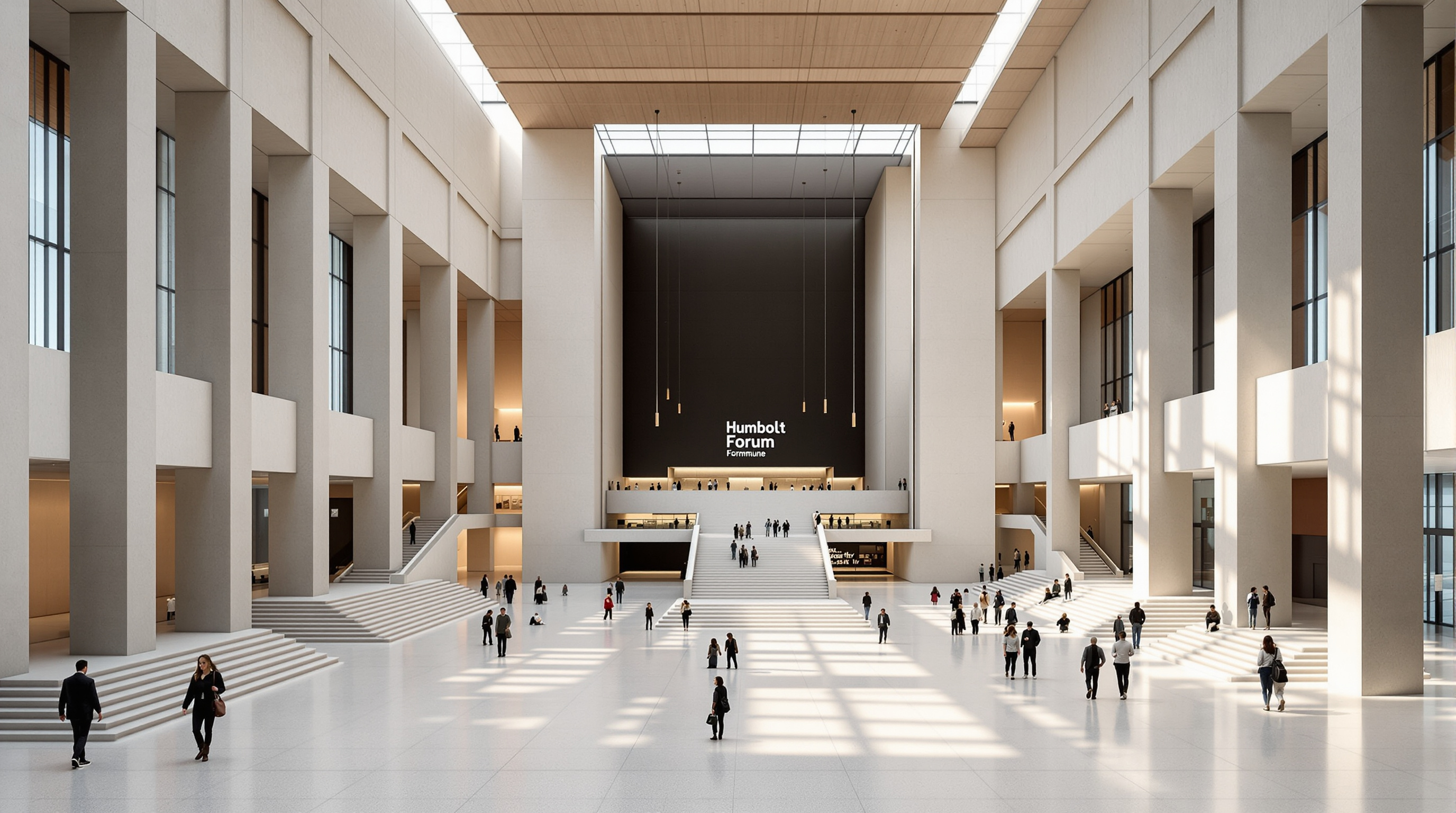 The vast modern interior atrium of the Humboldt Forum, with pale concrete surfaces, broad staircases and column-free gallery volumes rising behind the historic outer walls, visitors small against the scale