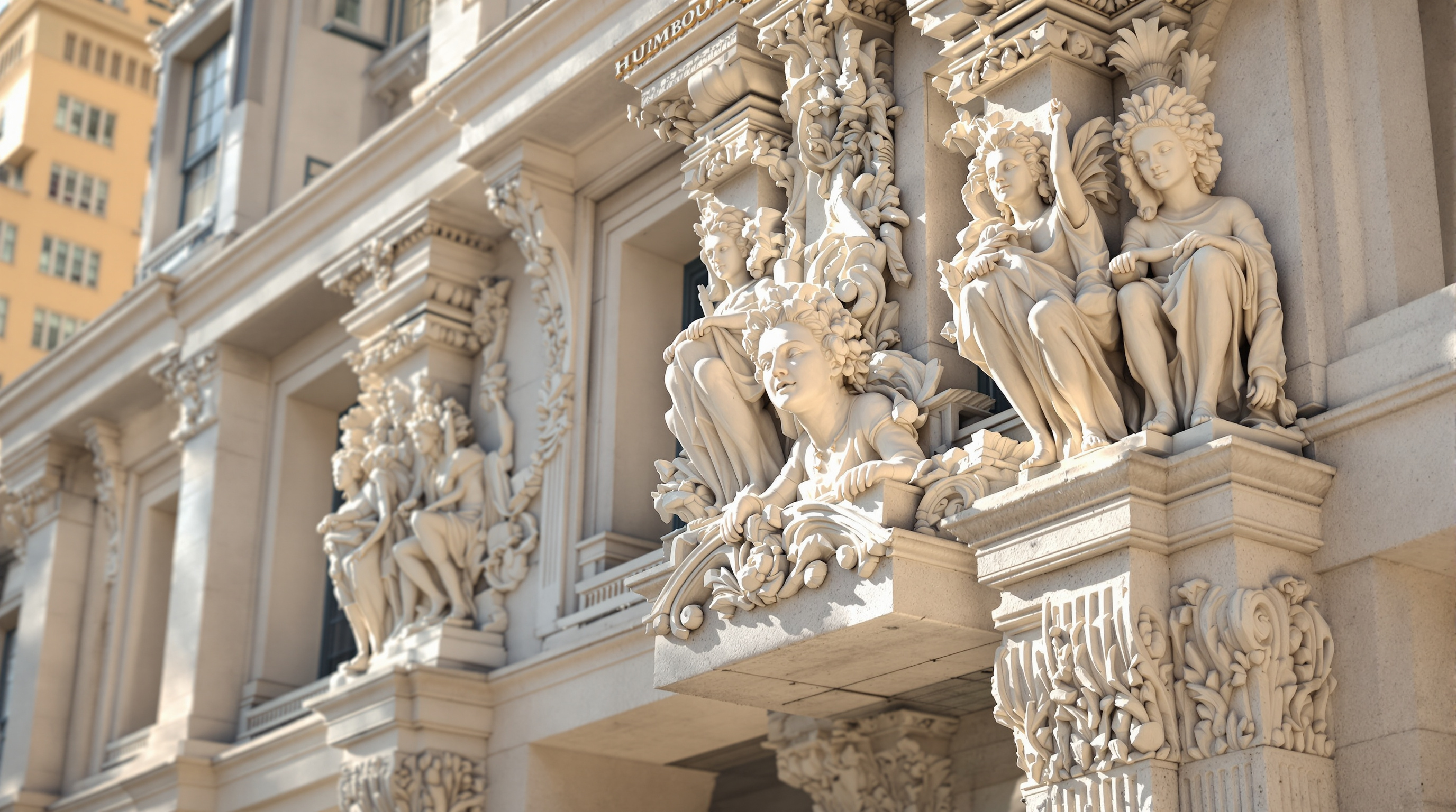Detail of the newly carved sandstone ornament on the Humboldt Forum, with crisp Baroque capitals, figures and window frames catching low sunlight, the pale stone visibly fresh and unweathered