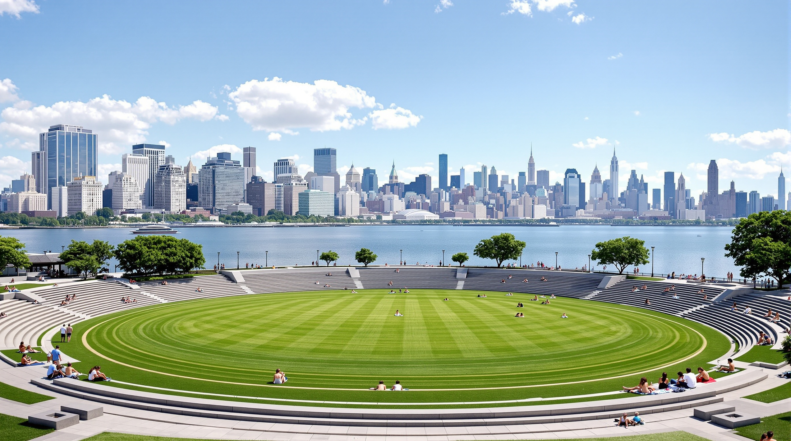 The tilted oval lawn at Hunter's Point South Park on a summer day, a broad green field ringed by low stepped concrete seating walls, filled with people picnicking and sunbathing, the East River and the towers of Midtown Manhattan visible beyond, the lawn sloping gently back toward the water