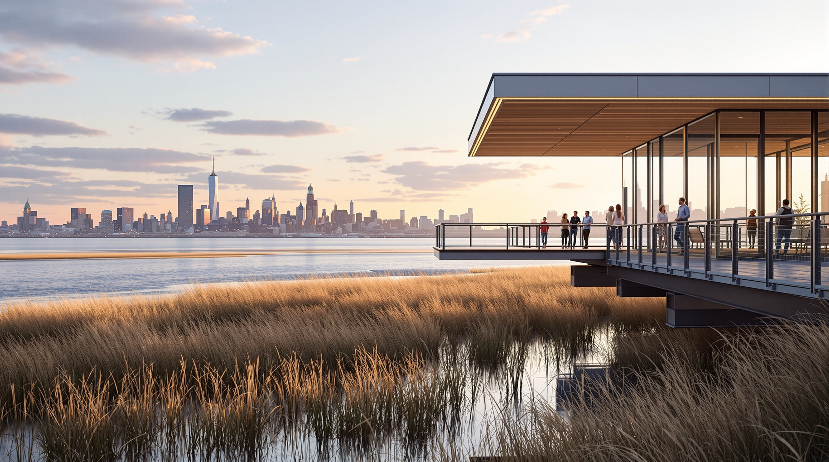 The cantilevered steel-and-wood overlook platform at the southern tip of Hunter's Point South Park projecting out over the constructed salt marsh, with reeds and native grasses below, visitors standing at the railing looking across the East River toward the Manhattan skyline at golden hour