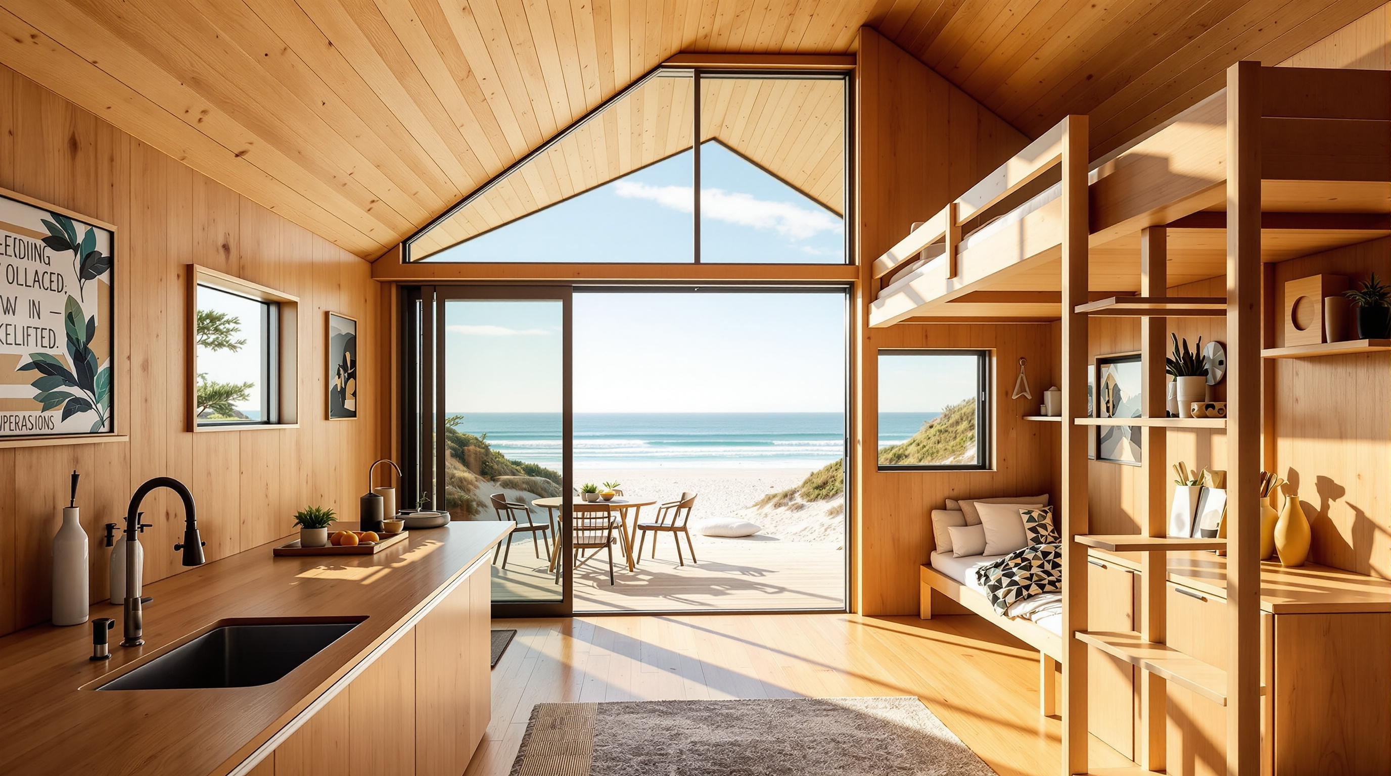 Interior of the Hut on Sleds looking out through the double-height steel-framed glazed doors toward the sea, timber-lined walls and ceiling, a compact kitchen and dining area below and a mezzanine sleeping loft above, warm afternoon light flooding the small volume