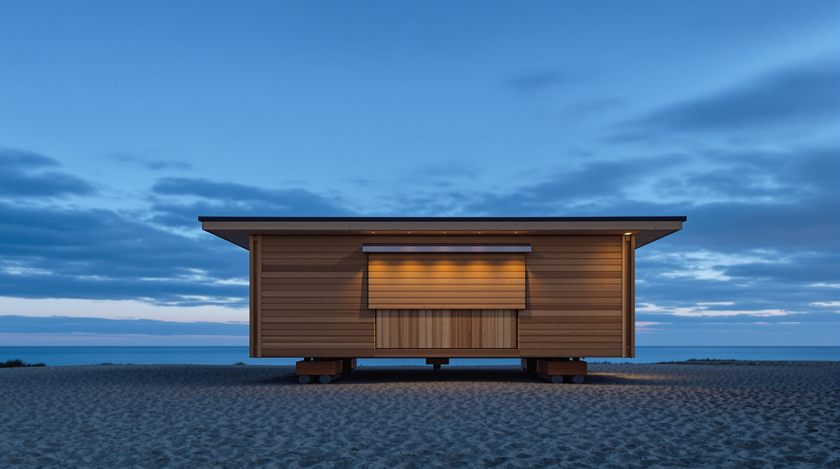 The Hut on Sleds photographed from the beach at dusk with its front shutter closed, the rough macrocarpa box silhouetted against the dune and sky, the two heavy timber skids clearly visible beneath it resting on the sand