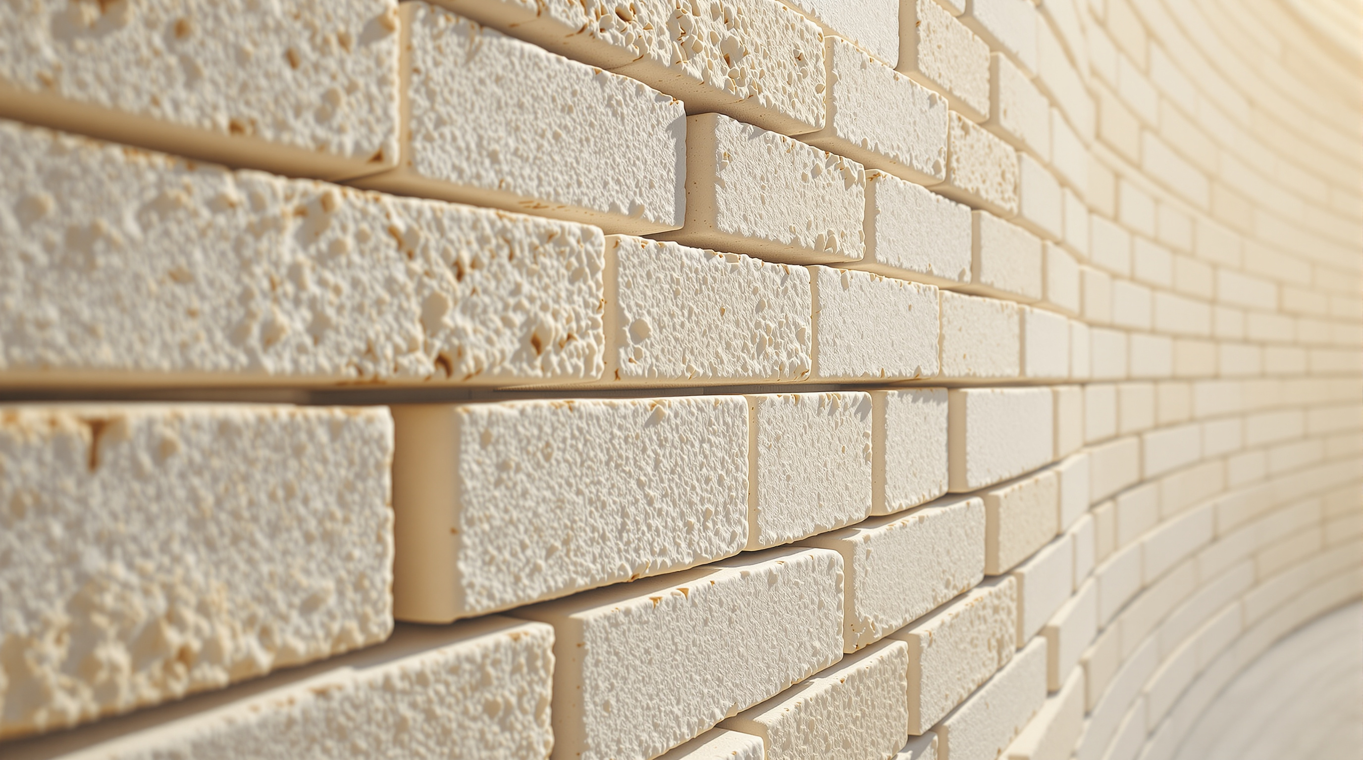 A close-up of Hy-Fi's mushroom bricks stacked in a gently curving wall, the individual off-white blocks rough-textured and slightly irregular, with narrow shadow gaps between courses and the tower curving away into soft daylight