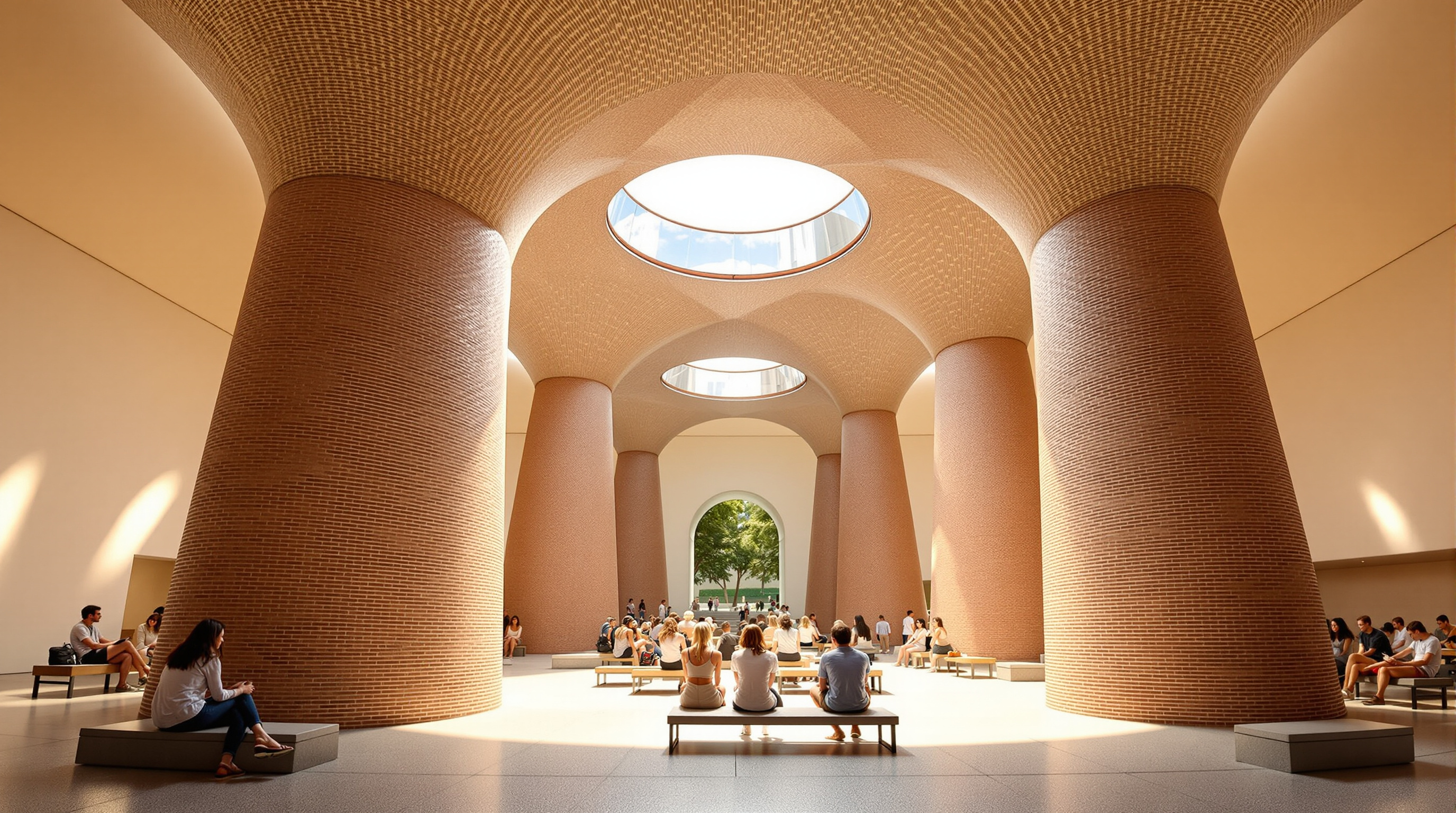 Visitors seated on low benches inside Hy-Fi's shaded courtyard, looking up through the open tops of the tapering mushroom-brick towers toward a bright circle of sky, the reflective upper band catching the daylight