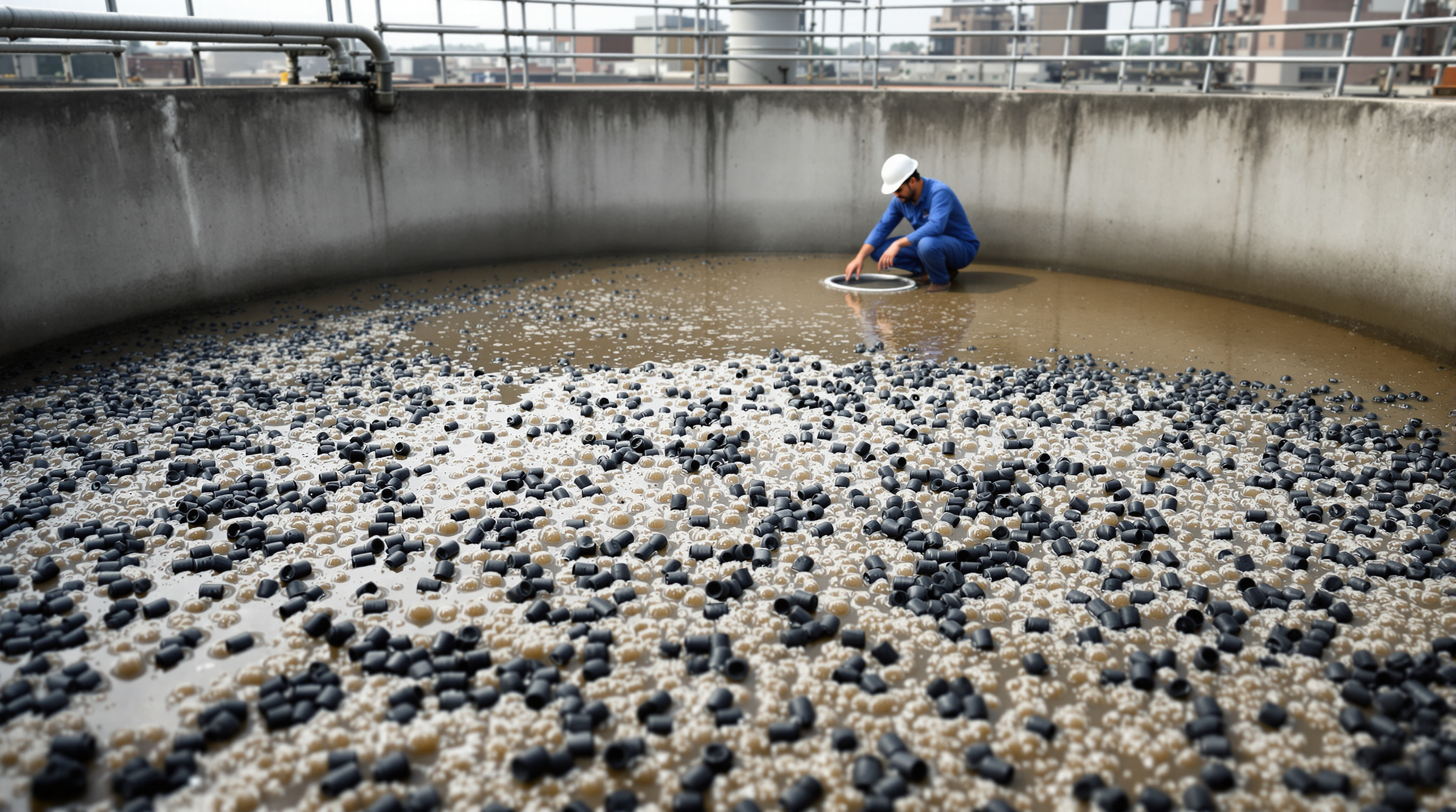 Close-up of a rectangular aeration tank retrofitted with floating black plastic biofilm carriers churning in aerated wastewater at an Indian sewage treatment plant