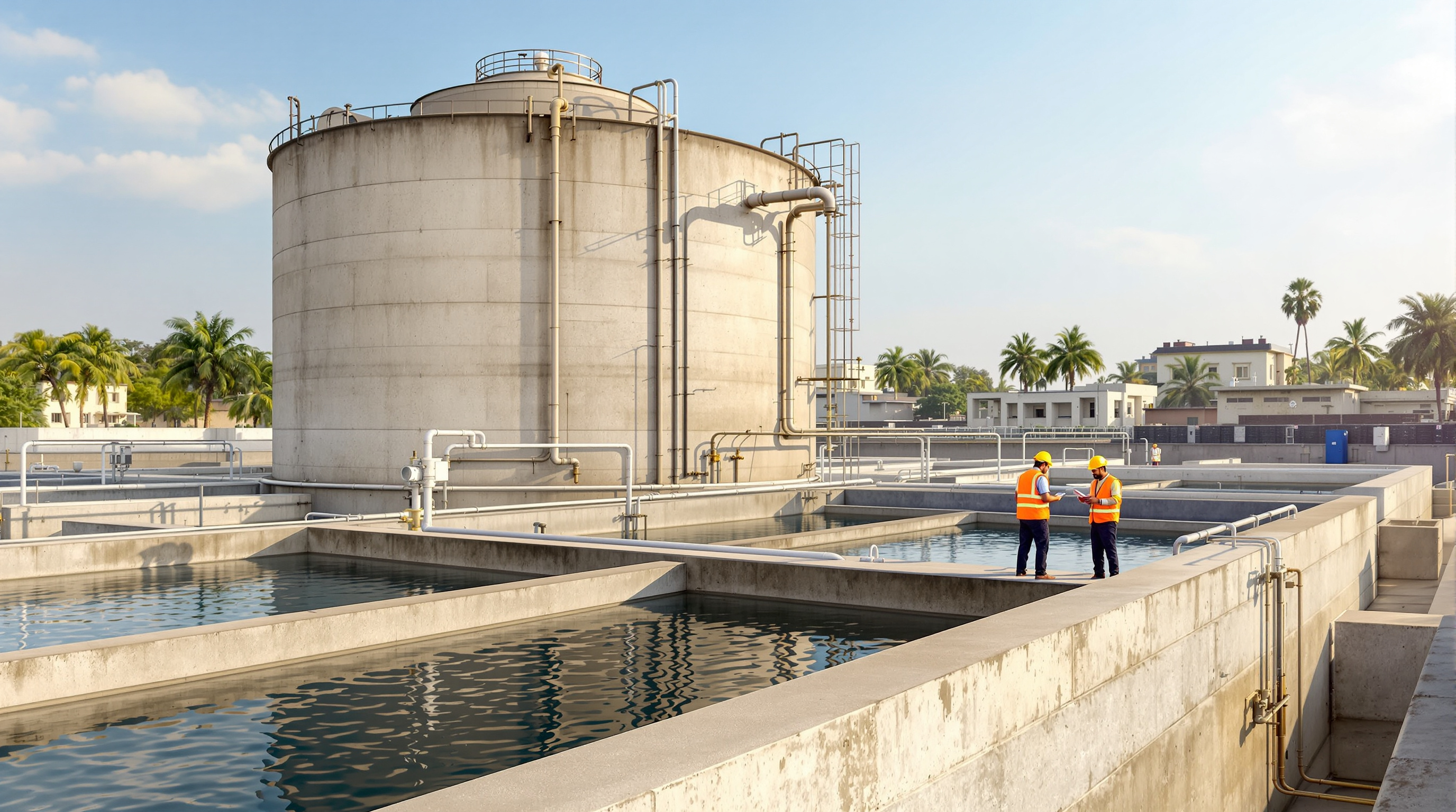Large cylindrical anaerobic UASB reactor tank alongside aerated open treatment tanks at an institutional sewage plant in India
