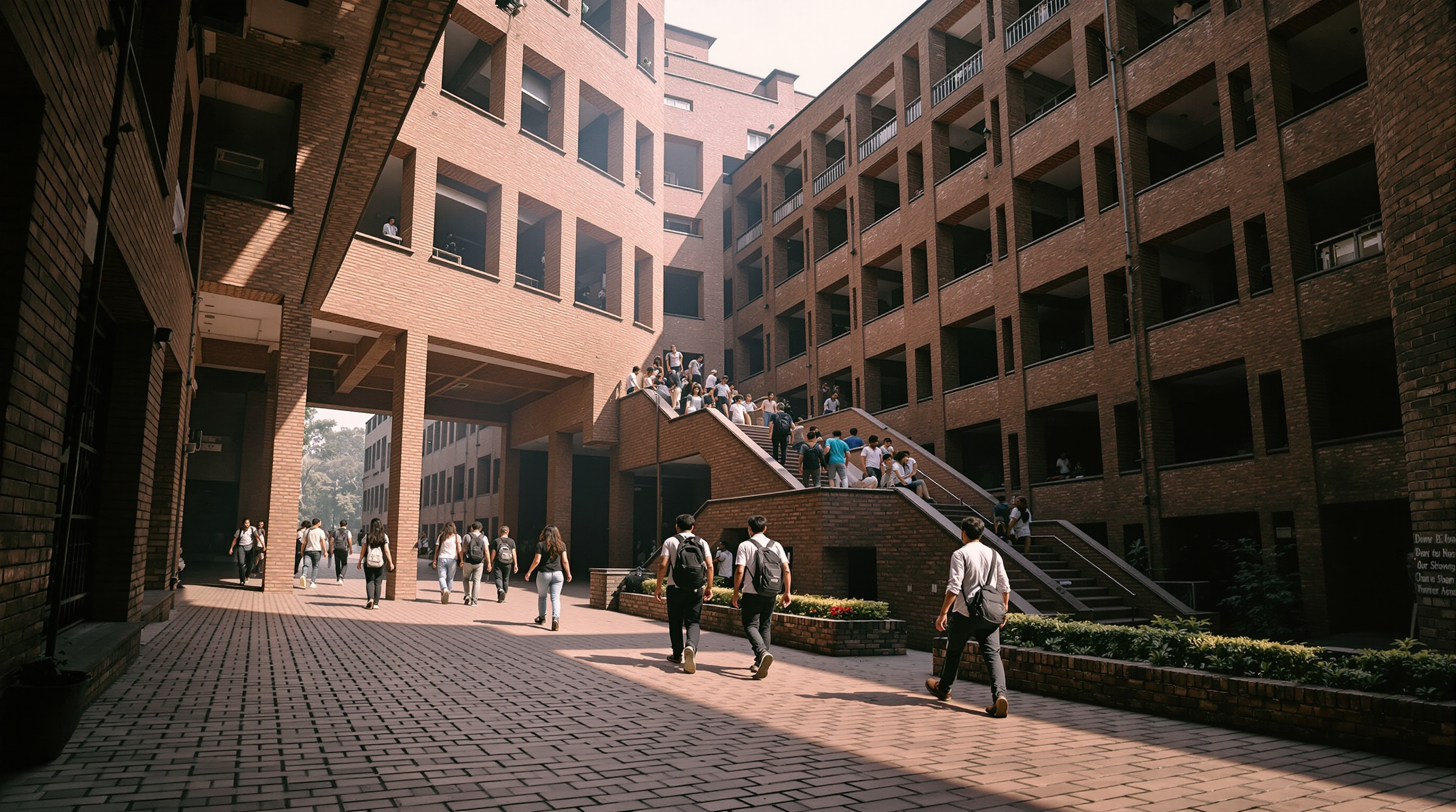 Students crossing the diagonal brick corridors and stepped dormitory blocks of IIM Ahmedabad, deep shadows raking across the exposed-brick arcades under a bright hazy sky