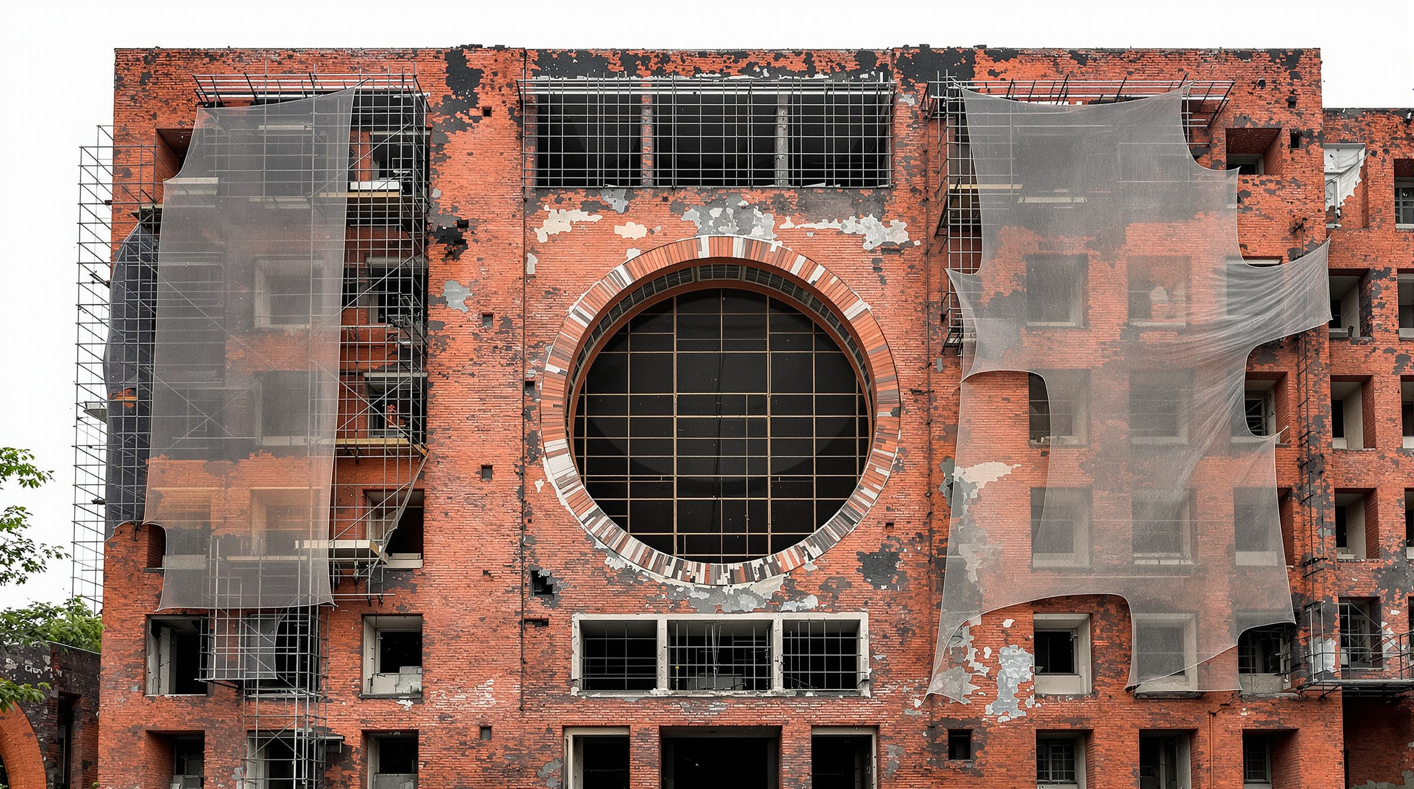 A weathered Kahn-designed dormitory block at IIM Ahmedabad showing eroding brickwork and a monumental circular opening, scaffolding and conservation netting partly covering the deteriorating red-brick facade under an overcast sky