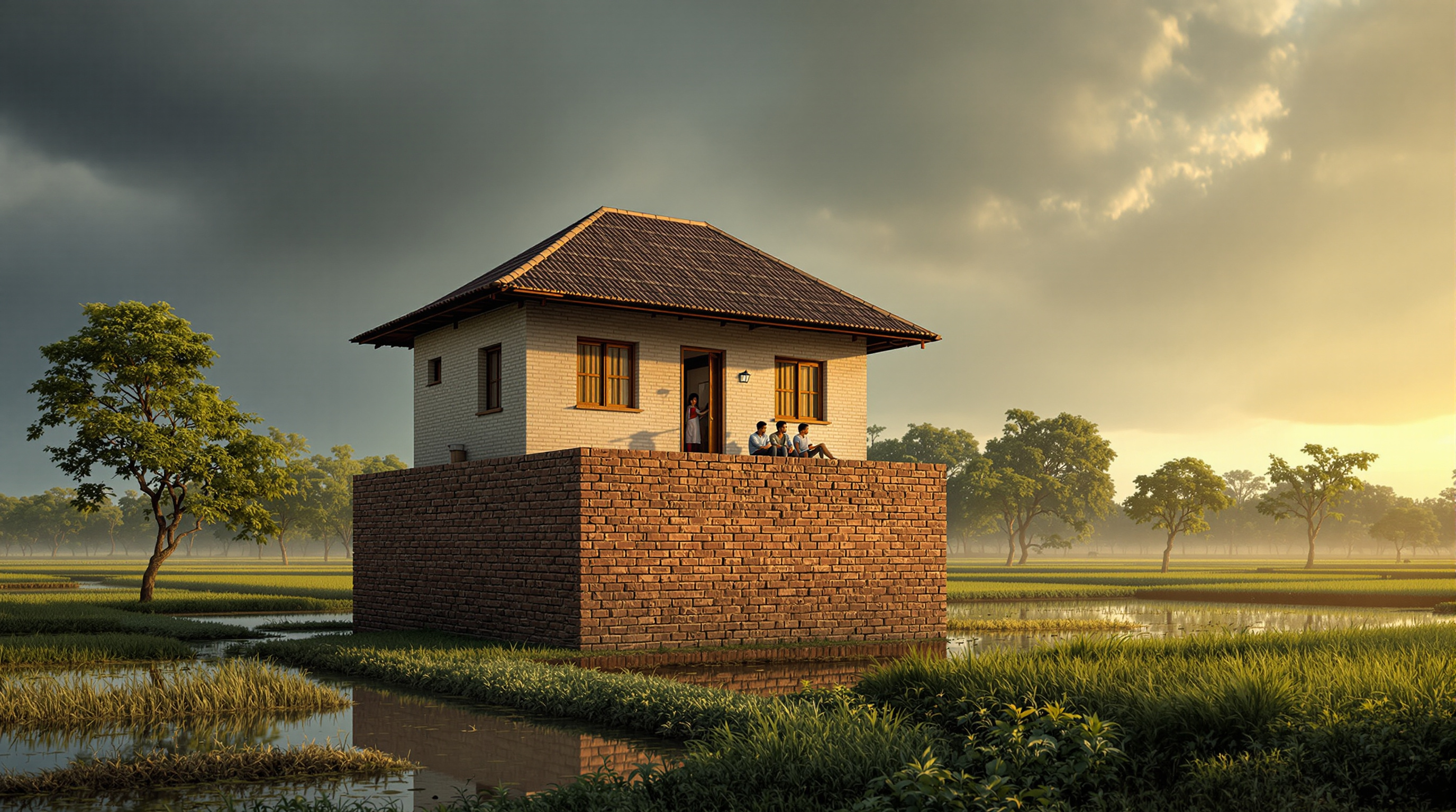 A single-storey rural house in Bihar raised on a tall brick plinth well above the surrounding farmland, its walls of stabilised earth blocks, a family sitting on the veranda, floodwater channels visible in the fields beyond under a heavy monsoon sky