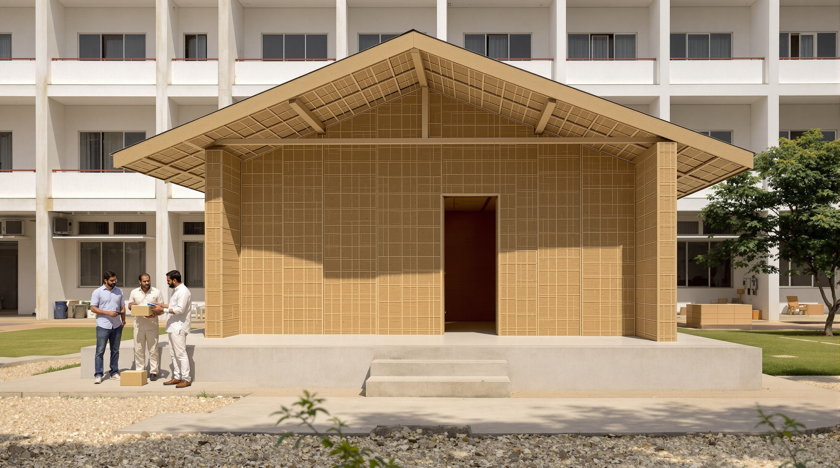 A prototype eco-hut with woven cane-grass and pressed agricultural-waste panel walls under a light pitched roof, standing on a raised concrete plinth in an Indian institutional courtyard, researchers inspecting a sample block of compressed straw brick in the foreground