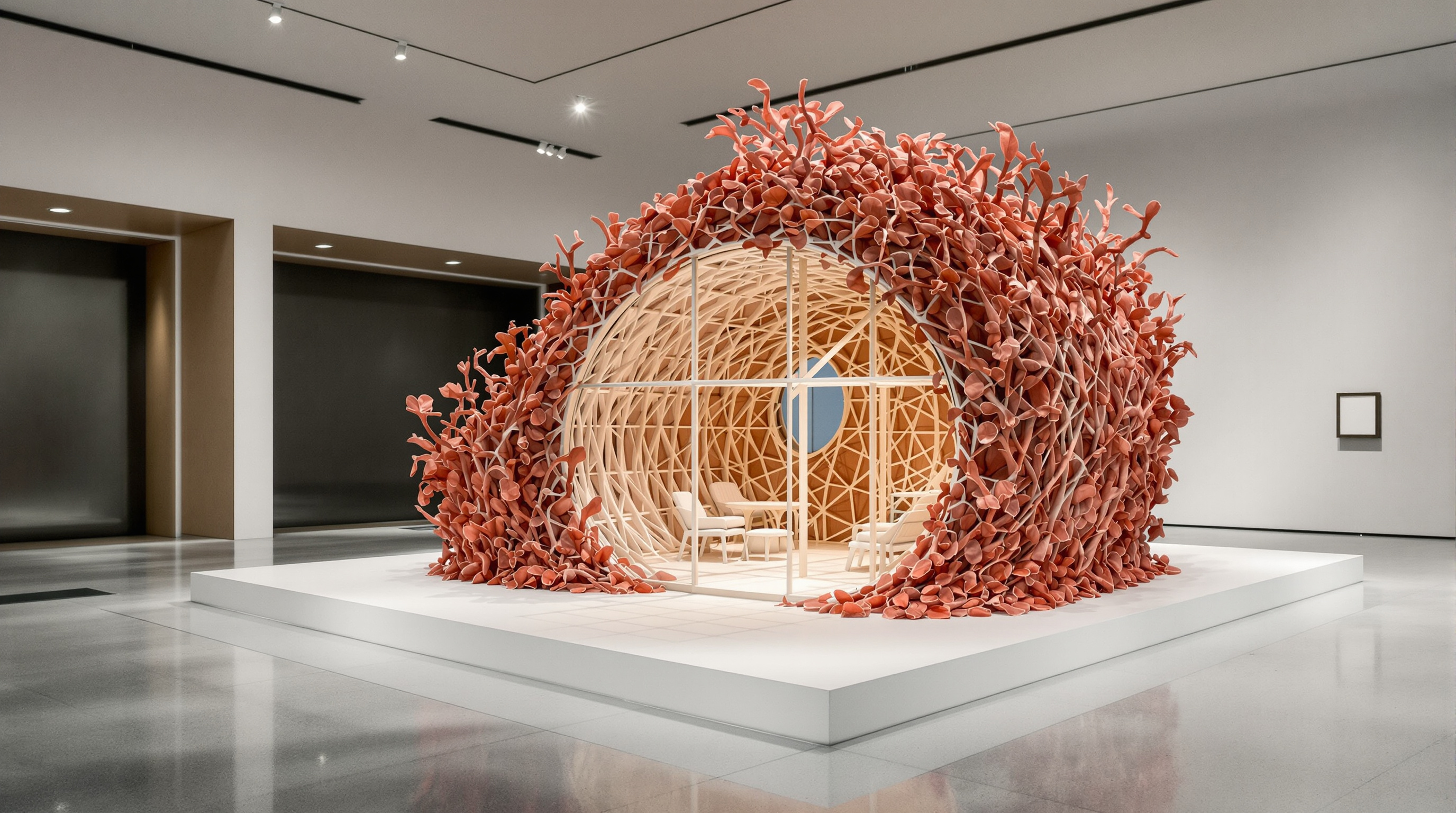 A speculative architectural model of a small dwelling whose curving walls appear to be grown from living reddish organic tissue over a lattice scaffold, displayed in a gallery as a provocation about biologically cultivated shelter