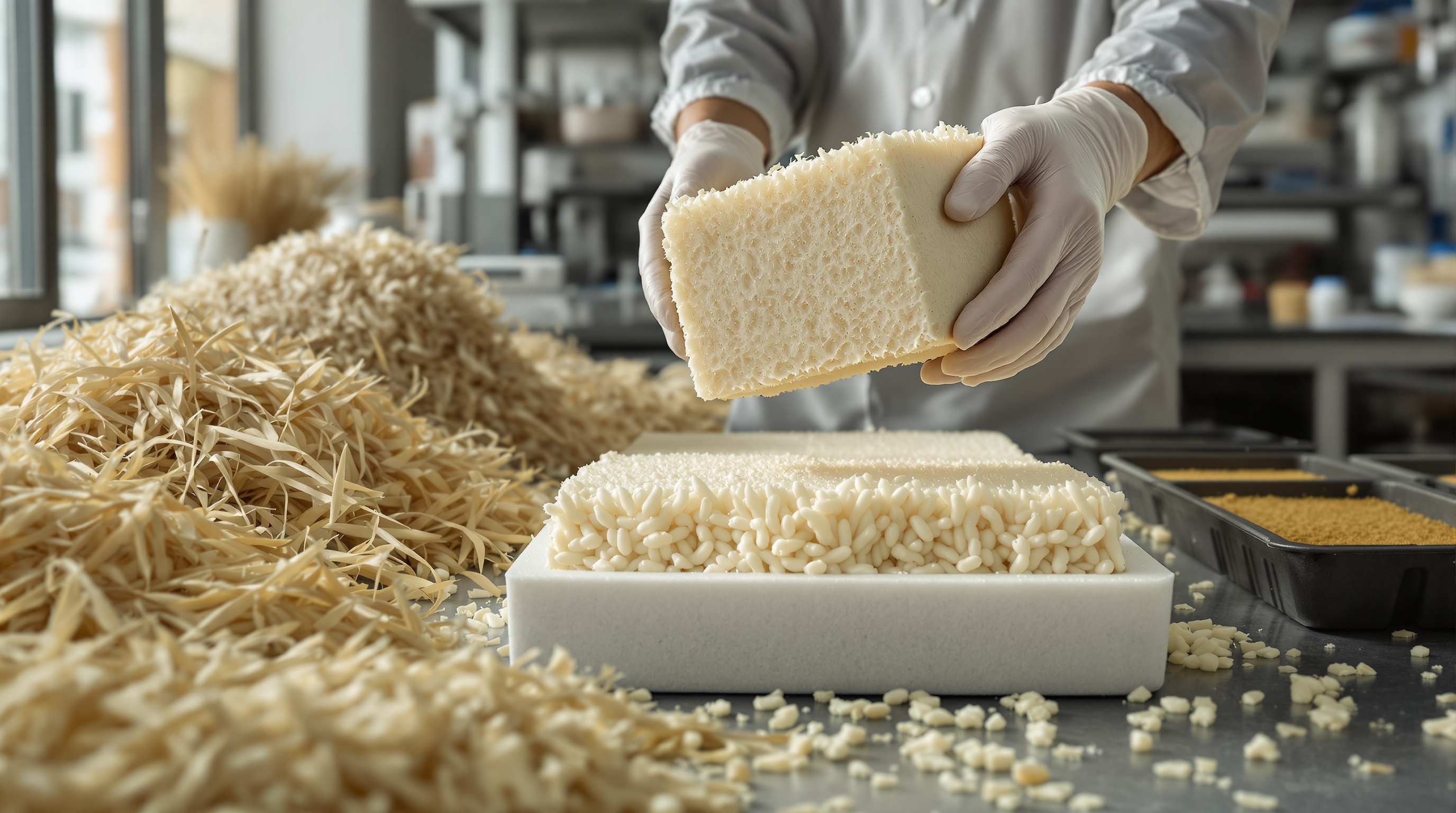 A researcher's gloved hands lifting a freshly grown pale mycelium brick out of a rectangular mould in a laboratory, loose golden agricultural straw and inoculation trays on the bench beside rows of curing blocks