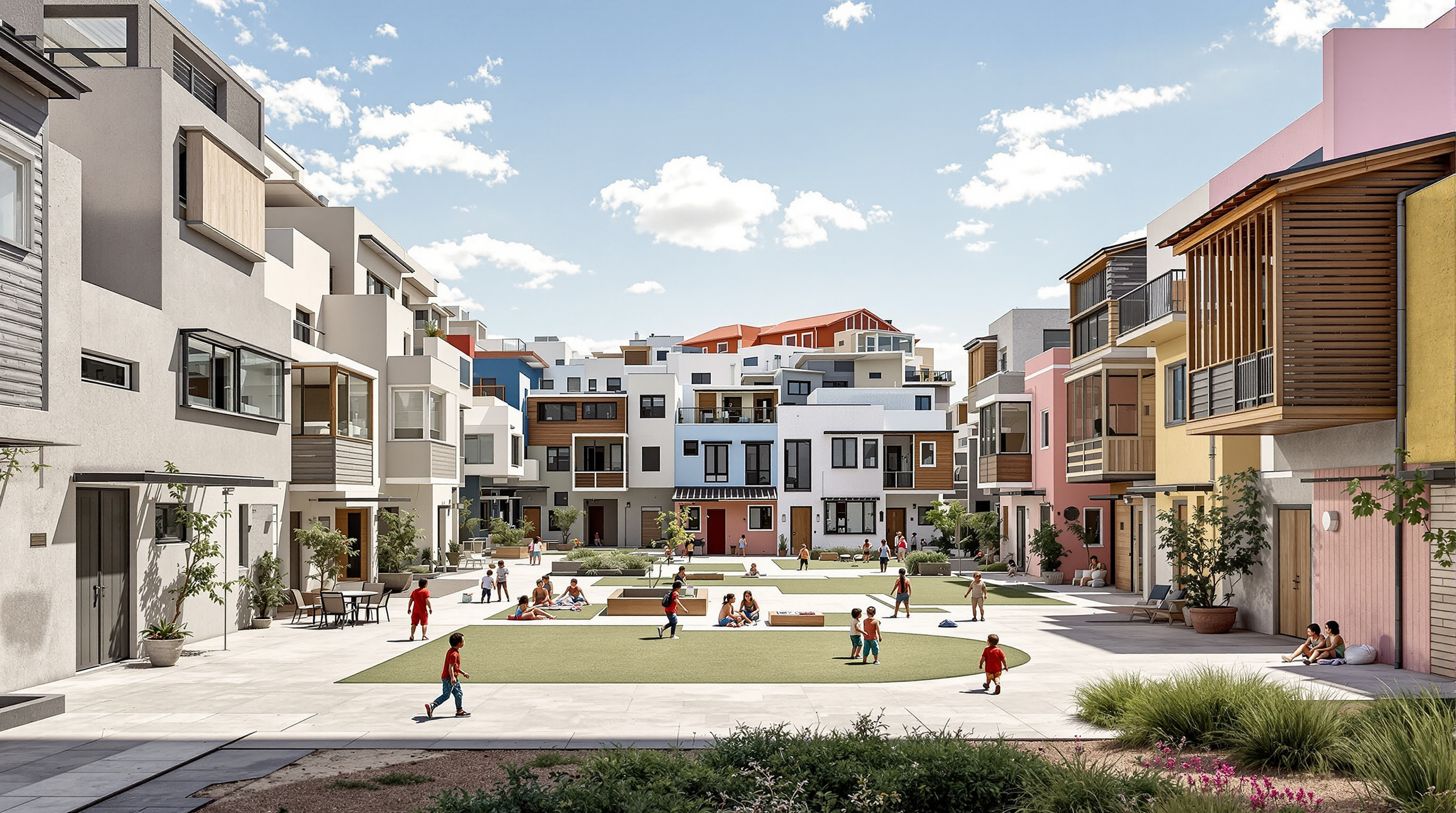 A wide courtyard view at Quinta Monroy years after occupation, the once-uniform terrace now a dense, lively patchwork of individually finished homes in different colours and materials, some risen to three storeys, children playing in the shared central space between the blocks under the bright Atacama sky
